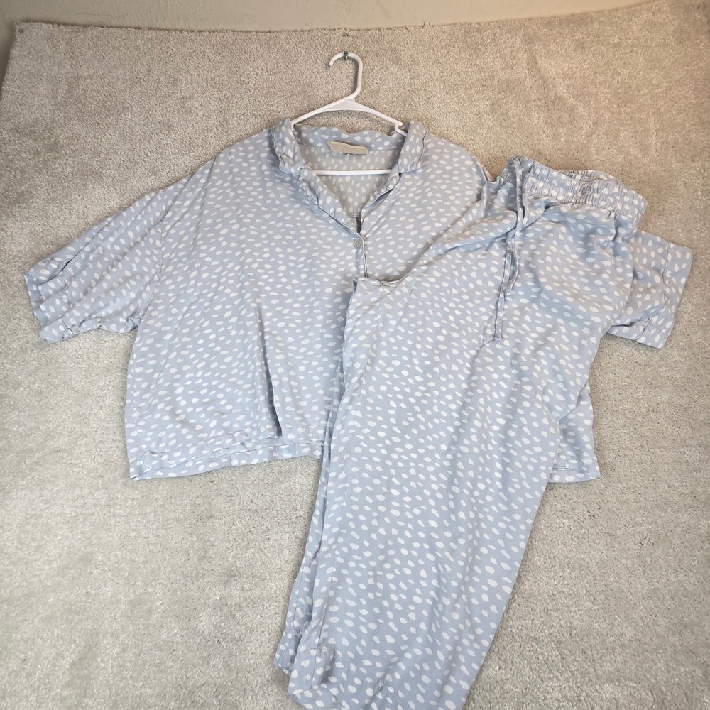 Papinelle Womens XL Pajama Set Blue White Dot Viscose Short Sleeve Crop Pant